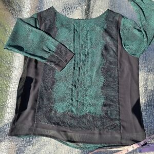Ann Taylor Green and Black Leopard and Lace Blouse, size L, VGUC